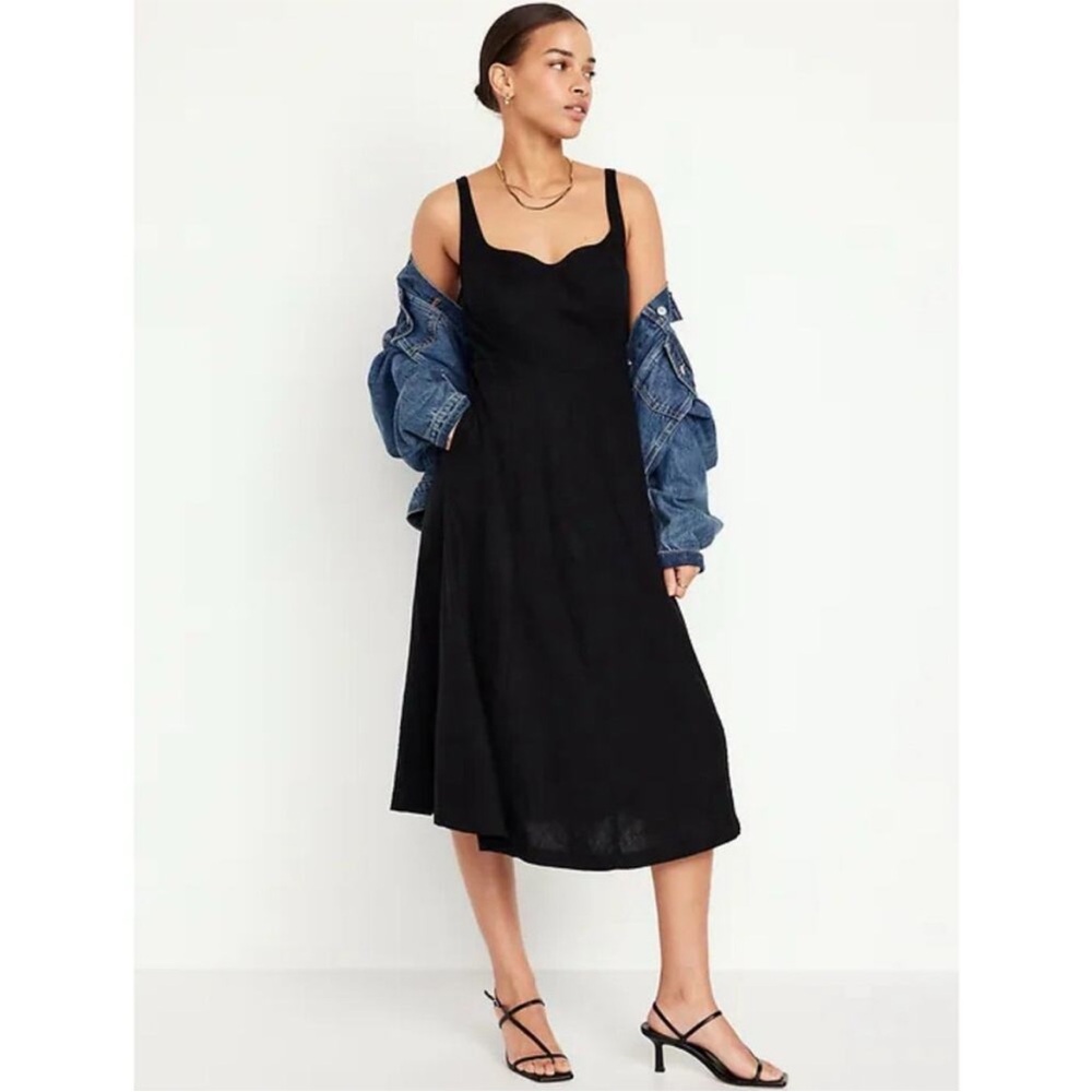 Old Navy Coastal Linen Midi Dress SZ SP Black Beach Vacation Travel‎ Smocked NWT